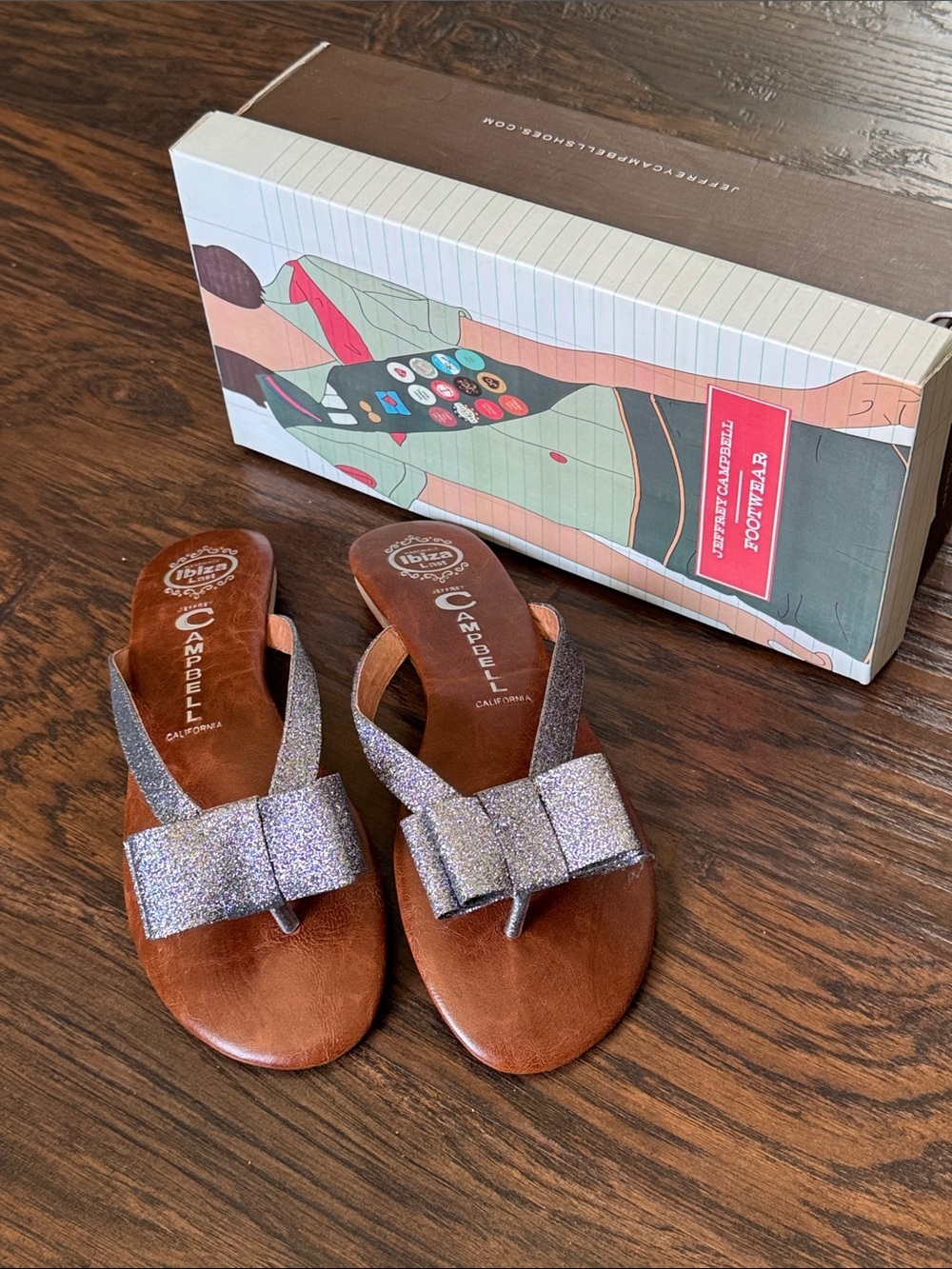 Jeffrey Campbell New Brown Leather Sandals with Sparkly Silver Glitter Bow